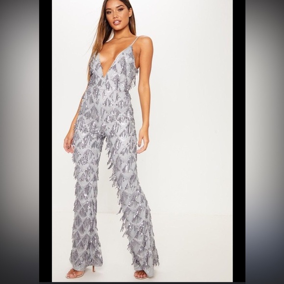 PrettyLittleThing Glittering Silver Jumpsuit - Picture 1 of 5